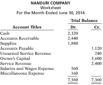 The trial balance columns of the worksheet for Nanduri Company at June